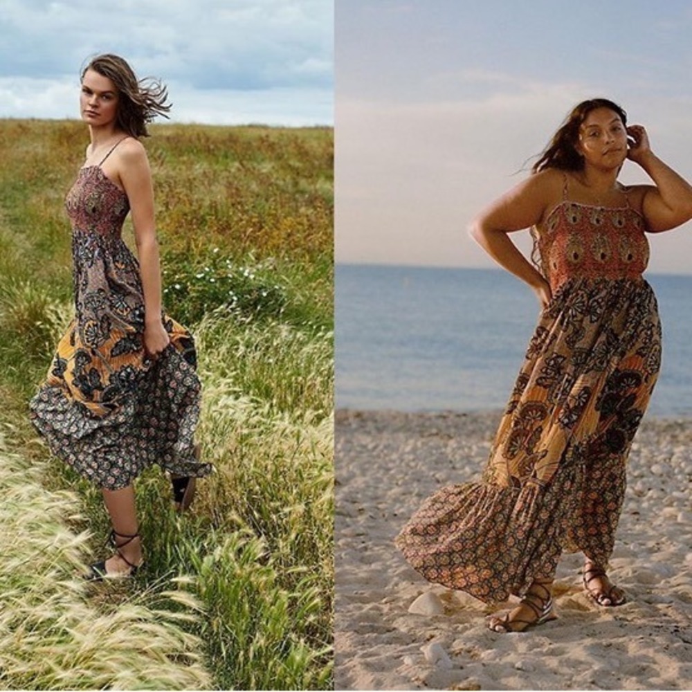 Anthropologie Jamila Mixed Print Smocked Maxi Dress Orange Floral Peacock Boho
